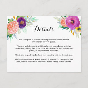 Colourful Garden Watercolor Floral Wedding Details Postcard