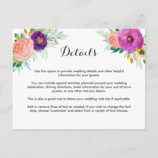 Colourful Garden Watercolor Floral Wedding Details Postcard (Front)