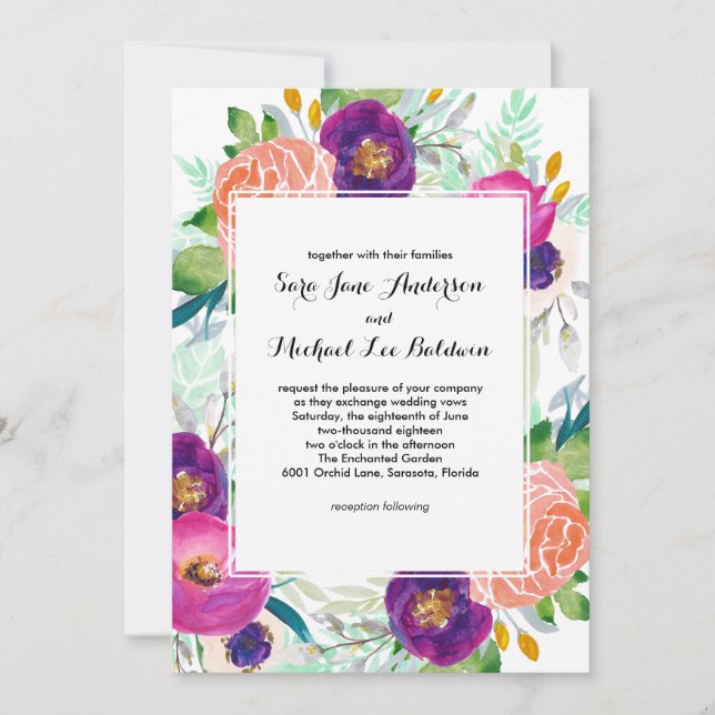 Colourful Garden Watercolor Floral Wedding Invitation (Front)