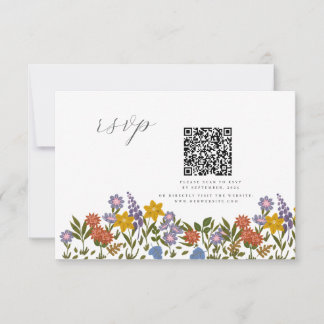 Colourful Garden watercolor Wildflower QR wedding RSVP Card