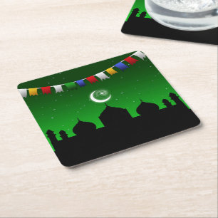 Colourful Garland with Mosque Square Paper Coaster