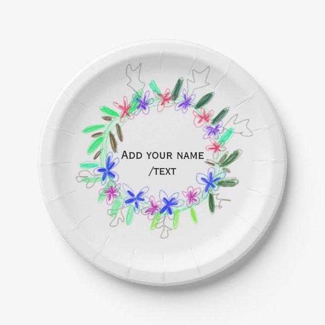 colourful garland wreath Christmas waadd name text Paper Plate (Front)