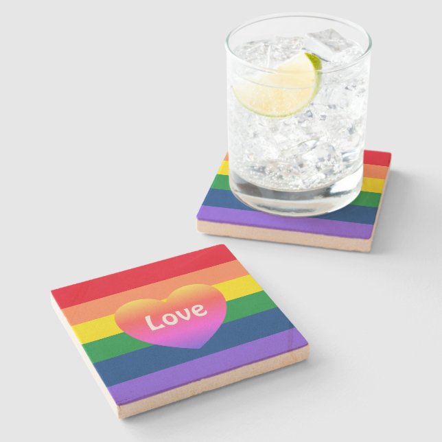 Colourful Gay Pride LGBTQ Rainbow Heart Stone Coaster (Side)