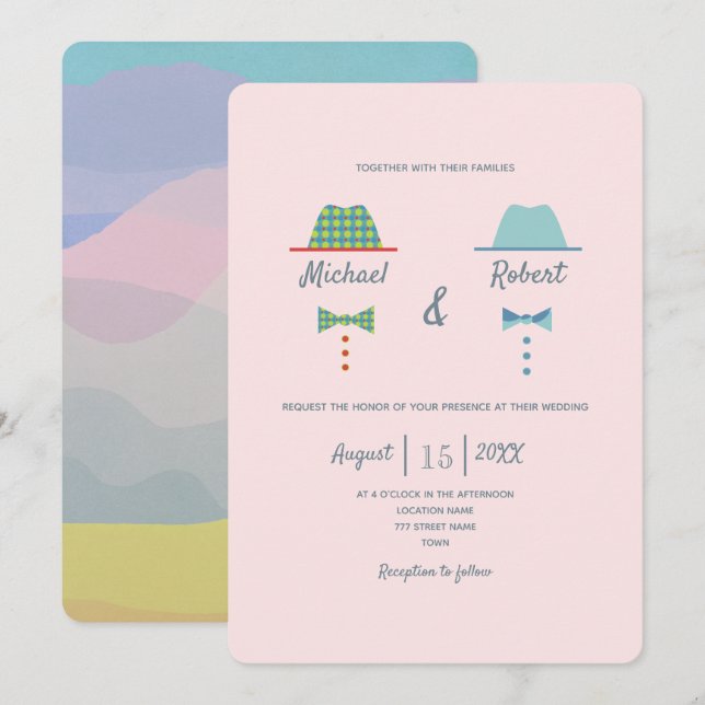 Colourful Gay Wedding Invitation with Hats (Front/Back)