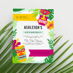 Colourful Gender Neutral Hawaiian Birthday Party Invitation Postcard<br><div class="desc">This vibrant invite features two Hawaiian totem pole faces,  tropical leaves,  flowers and banners all in a super modern style. This design is in mustard and purple and is perfect for both boys and girls. Type your custom text into the template boxes to change the party details.</div>