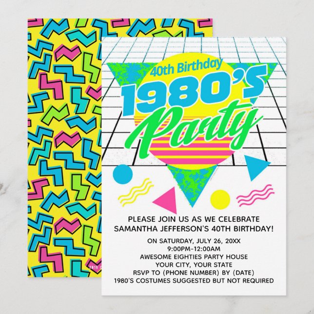 Colourful Geometric 1980s 80s 40th Birthday Party Invitation (Front/Back)