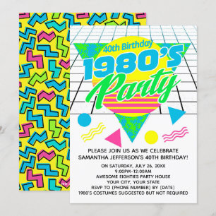 Colourful Geometric 1980s 80s 40th Birthday Party Invitation
