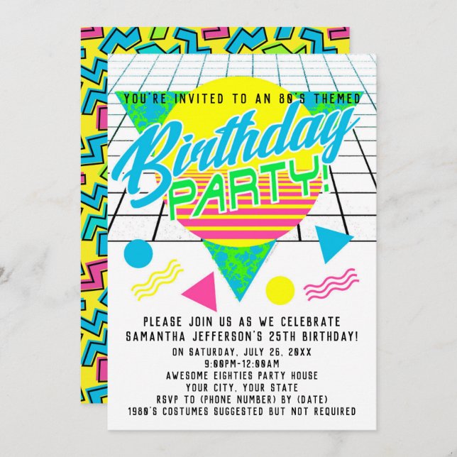 Colourful Geometric 1980s Eighties Birthday Party Invitation (Front/Back)