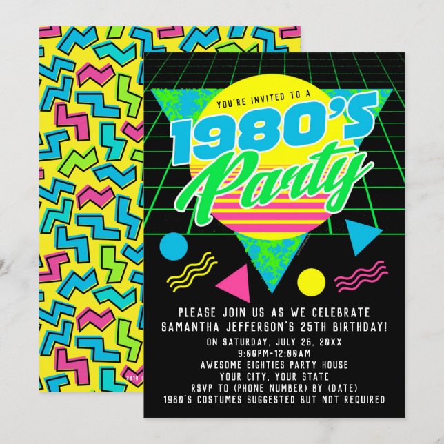Colourful Geometric 1980s Retro 80s Birthday Party Invitation (Front/Back)