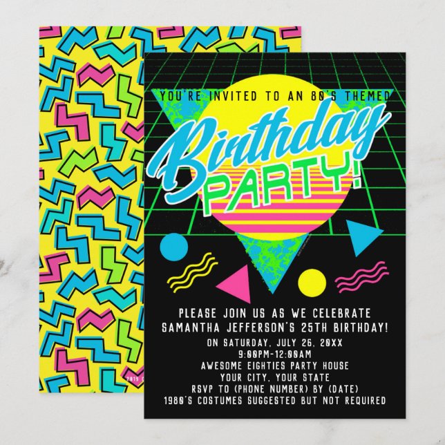 Colourful Geometric 80s 1980s Retro Birthday Party Invitation (Front/Back)