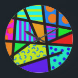 Colourful Geometric 80s Memphis Design Large Clock<br><div class="desc">Beautiful geometric patterned 80s Memphis design, with bold colours and shapes, stripes, circles and swirls. Independently designed retro style multicoloured geometric patterned fashion.</div>