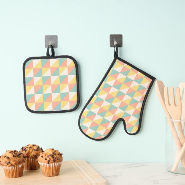 Colourful Geometric Abstract Triangle Pattern Oven Mitt & Pot Holder Set (Insitu(Hanging))