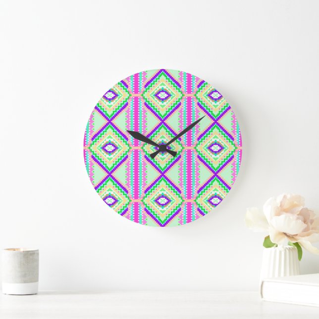 Colourful Geometric Boho Pattern Large Clock (Home)