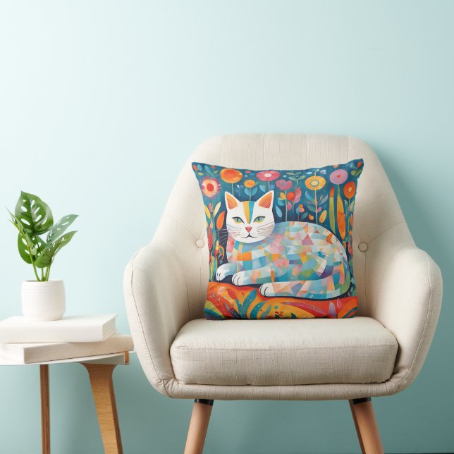Colourful Geometric Cat Design, Abstract Feline Cushion (Chair)
