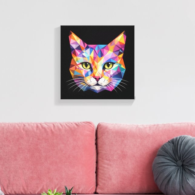 Colourful Geometric Cat Face Low Poly Triangle Art Canvas Print (Insitu(LivingRoom))