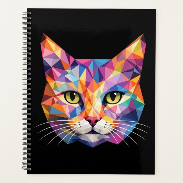 Colourful Geometric Cat Face Low Poly Triangle Art Planner (Front)
