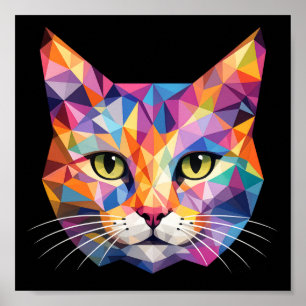 Colourful Geometric Cat Face Low Poly Triangle Art Poster