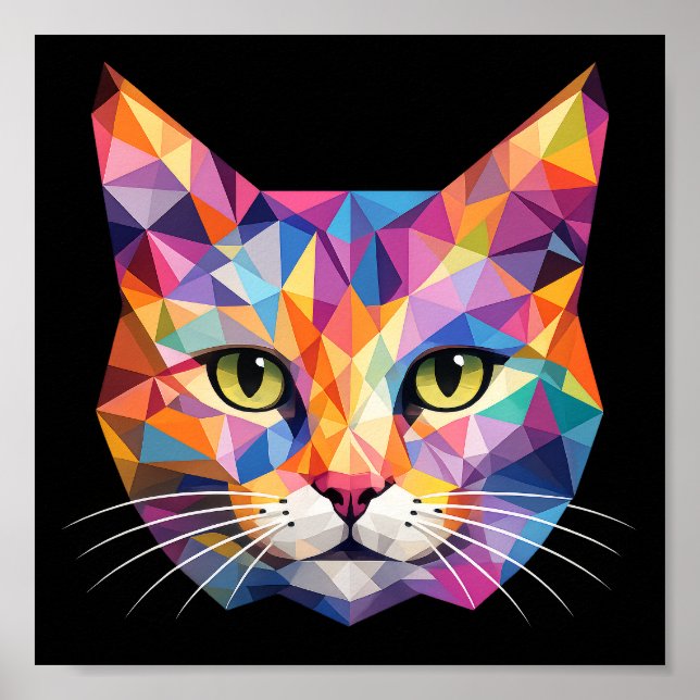 Colourful Geometric Cat Face Low Poly Triangle Art Poster (Front)