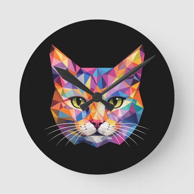 Colourful Geometric Cat Face Low Poly Triangle Art Round Clock (Front)