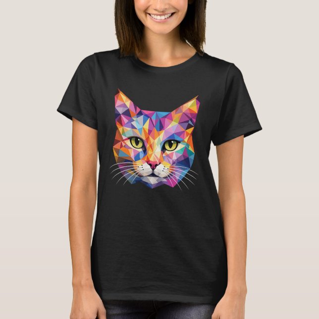 Colourful Geometric Cat Face Low Poly Triangle Art T-Shirt (Front)