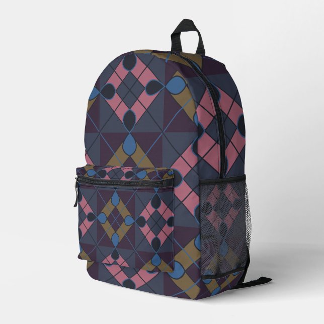 Colourful Geometric Diamond Pattern Printed Backpack (Back Corner Right)