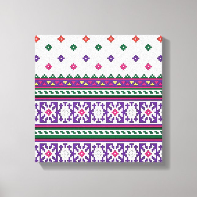 Colourful Geometric Folk Art design with flowers Canvas Print (Front)