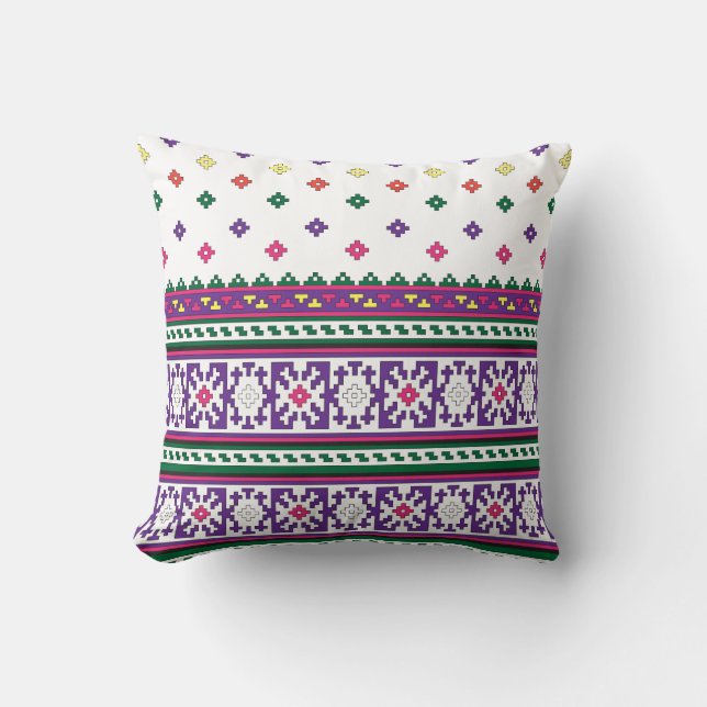 Colourful Geometric Folk Art design with flowers Cushion (Front)