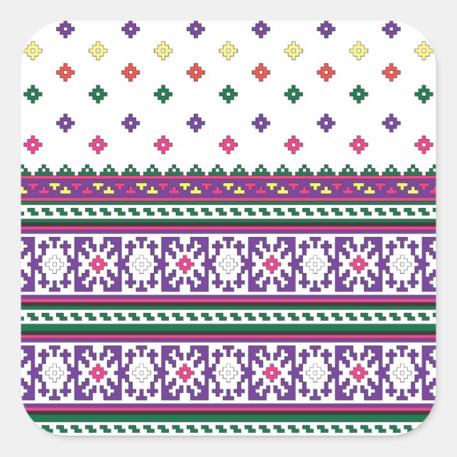 Colourful Geometric Folk Art design with flowers Square Sticker (Front)
