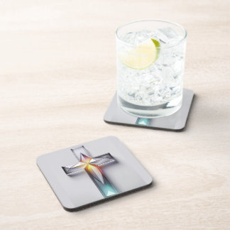 Colourful Geometric Gemstone Christian Cross Coaster