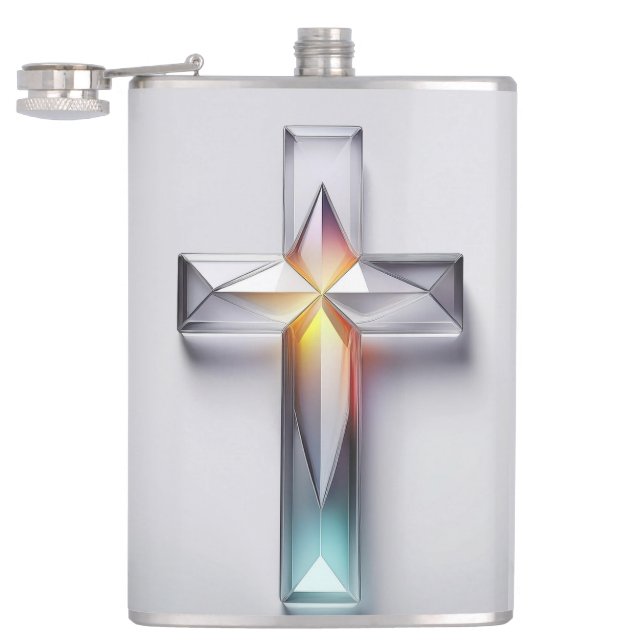 Colourful Geometric Gemstone Christian Cross Hip Flask (Opened)