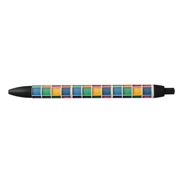 Colourful Geometric Grid Panel Black Ink Pen (Front)