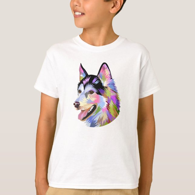 Colourful Geometric Husky Portrait Kids T-Shirt (Front)