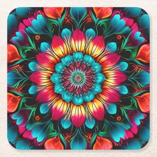 Colourful Geometric Mandala Pattern-342323 Square Paper Coaster (Front)