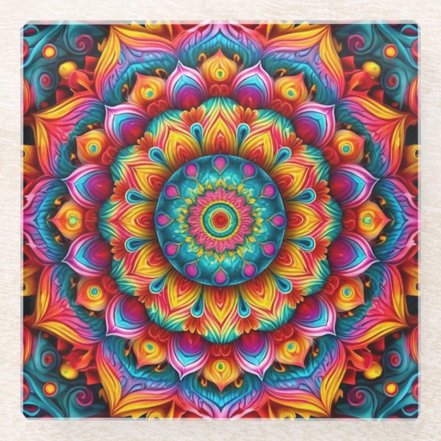 Colourful Geometric Mandala Pattern-342678 Glass Coaster (Front)