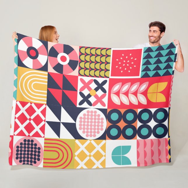 Colourful Geometric Mid Century Funky  Fleece Blanket (In Situ)