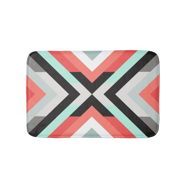 Colourful Geometric Mint Coral Decorative Design Bath Mat (Front)