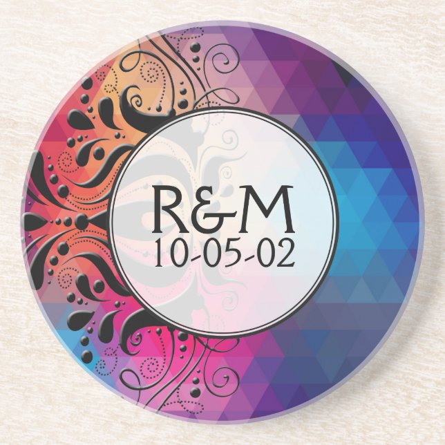Colourful Geometric Ombre & Black Lace Wedding Gif Coaster (Front)