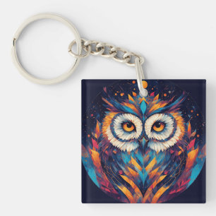 Colourful Geometric Owl Face Key Ring