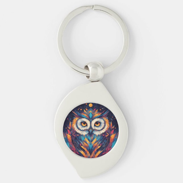 Colourful Geometric Owl Face Key Ring (Front)