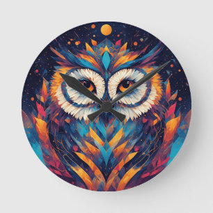 Colourful Geometric Owl Face Round Clock
