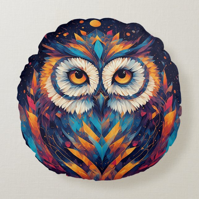 Colourful Geometric Owl Face Round Cushion (Front)