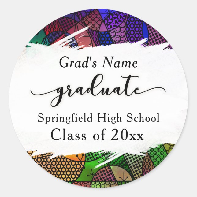 Colourful Geometric Pattern Brushstroke Graduation Classic Round Sticker (Front)