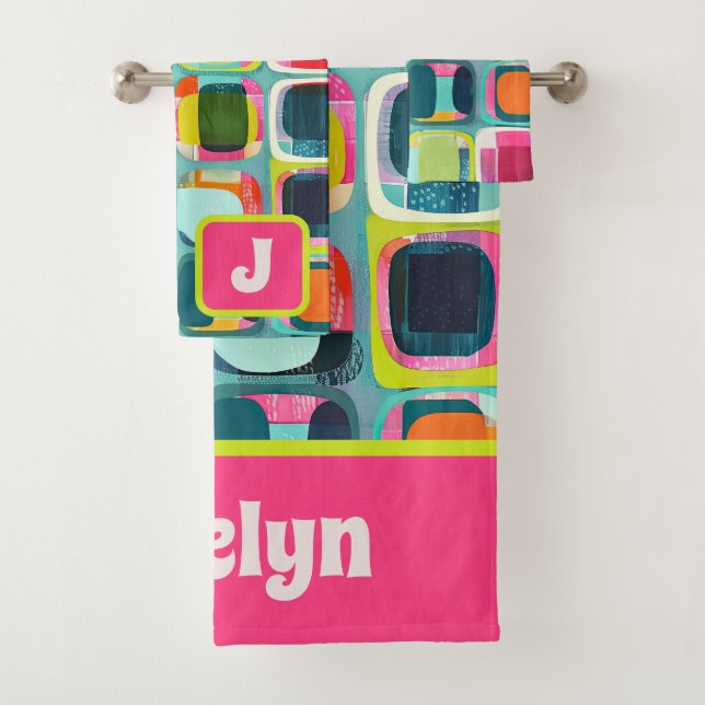 Colourful Geometric Pattern Monogrammed Name Bath Towel Set (Insitu)