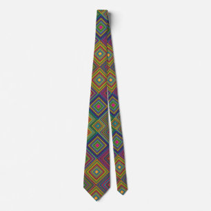 Colourful geometric pattern tie displayed front