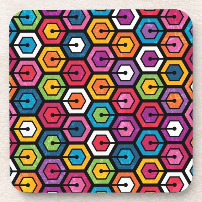 Colourful geometric pattern with hexagons coaster (Front)