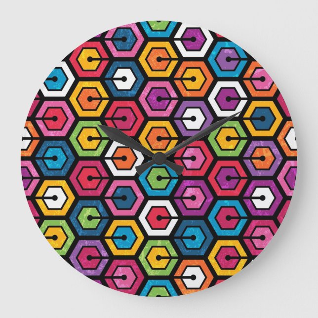 Colourful geometric pattern with hexagons large clock (Front)