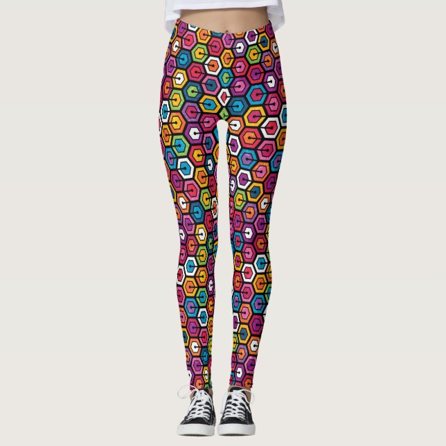 Colourful geometric pattern with hexagons leggings (Front)
