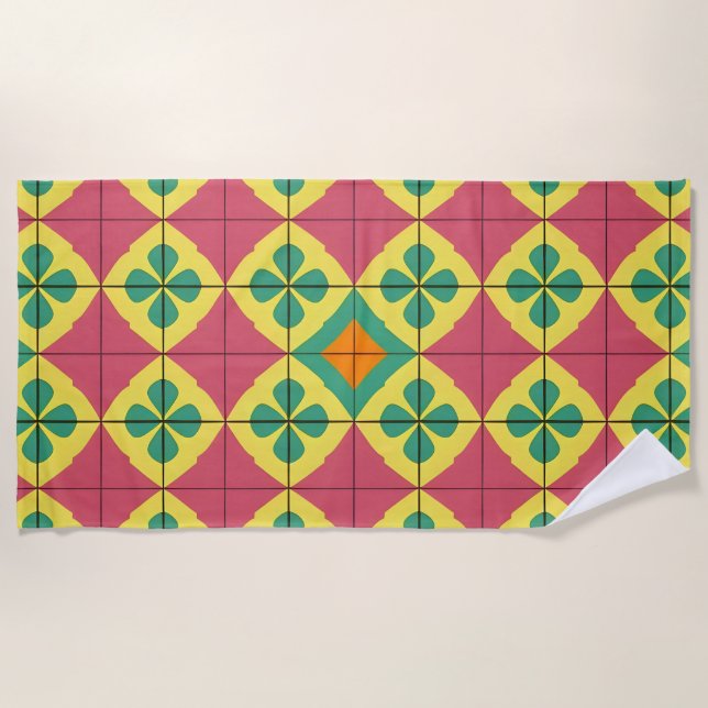 Colourful Geometric Pattern with Symmetrical Tile Beach Towel (Front)