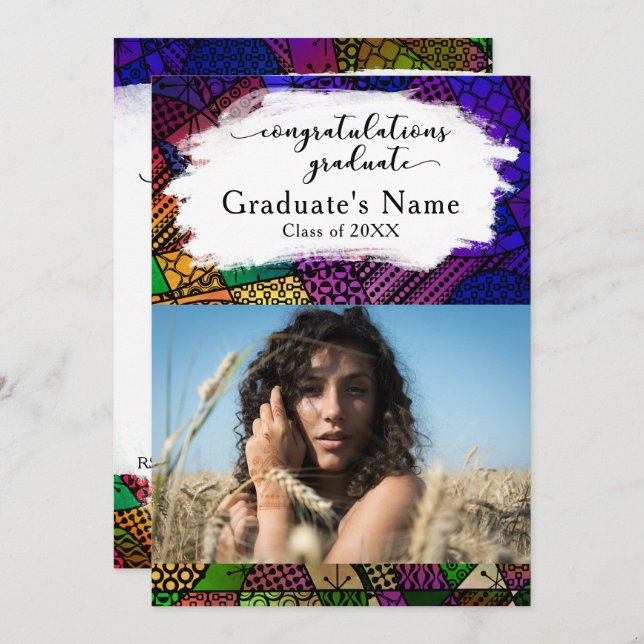 Colourful Geometric Patterns Graduation Photo Part Invitation (Front/Back)