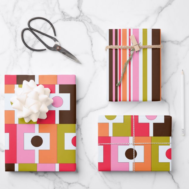 Colourful Geometric Patterns in Retro Pink  Wrapping Paper Sheet (Front)